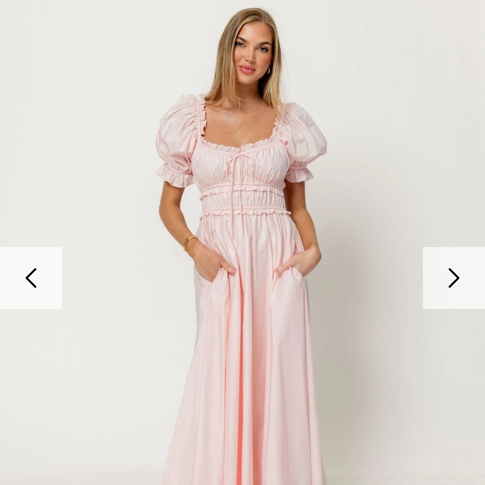 Puff-Sleeve Maxi Dress in Light Pink with Smocked Bodice